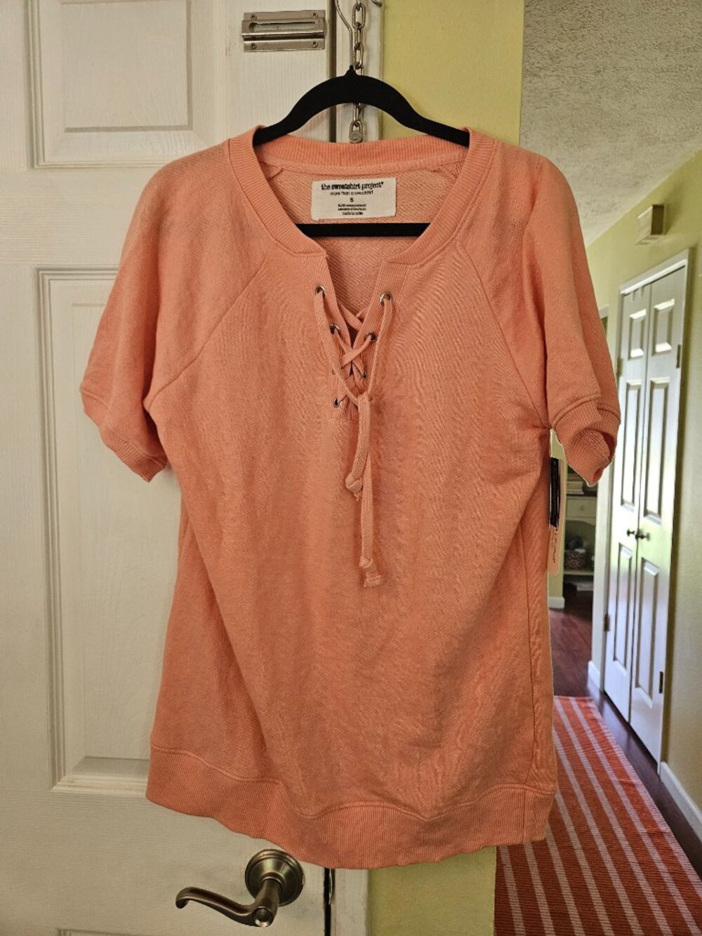 The Sweatshirt Project Shirt Terry Knit Salmon Short Sleeve Lace-Up Womens M Top